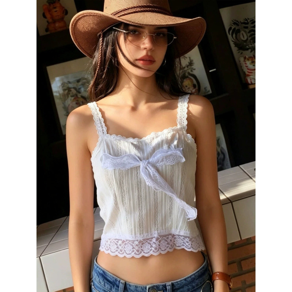 Zara Summer High End Design Lace Trim Bow Tie Strap Sleeveless Camisole Top